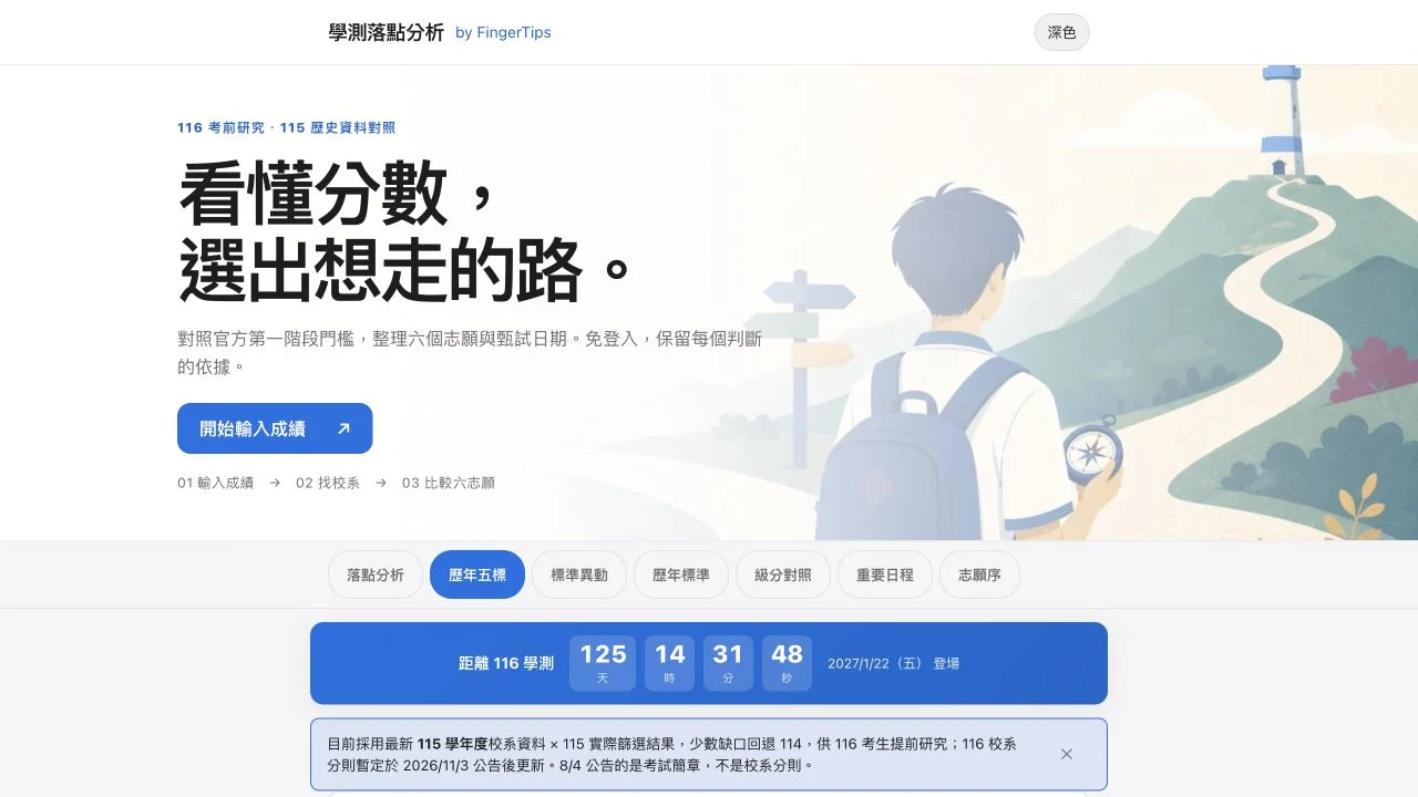 FingerTips 學測落點分析實際首頁,協助理解成績、採計方式與選校條件。